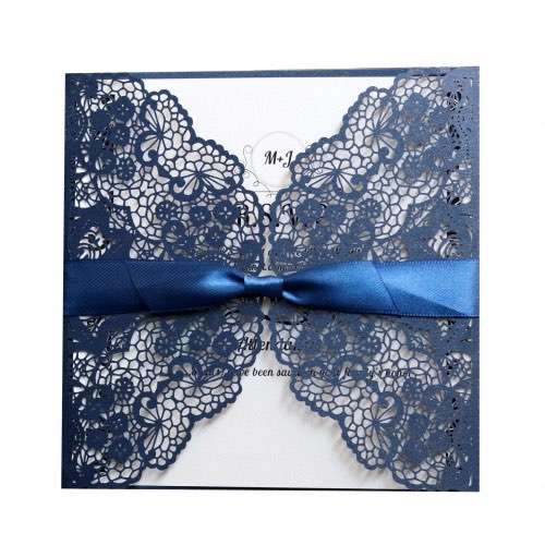 Dark Blue Lace Invitation Card  Laser Wedding Invitation